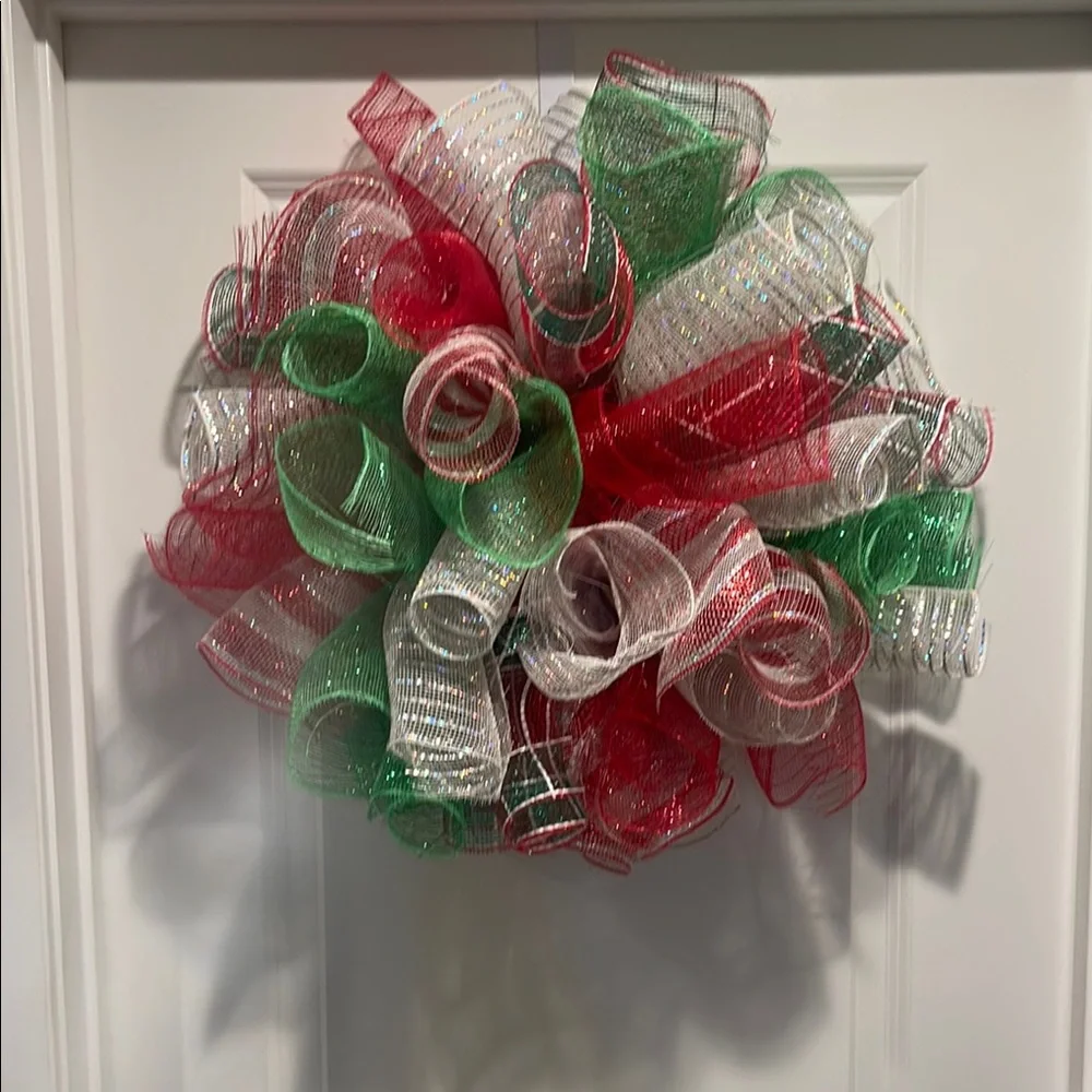 Festive Red, Green, and White Holiday Wreath Deco Mesh. Handmade.